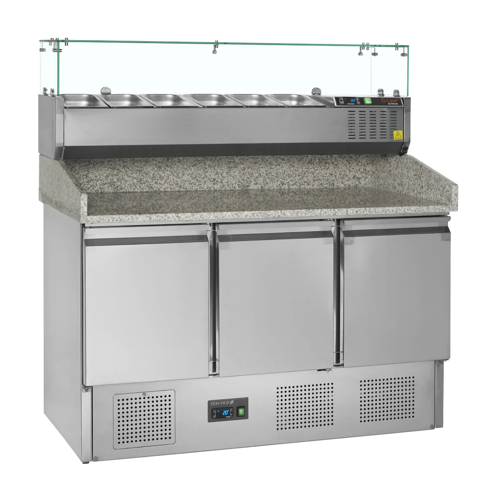 mobiliario-contract-mesa fria para pizzas con vitrina de condimentos GN1 4